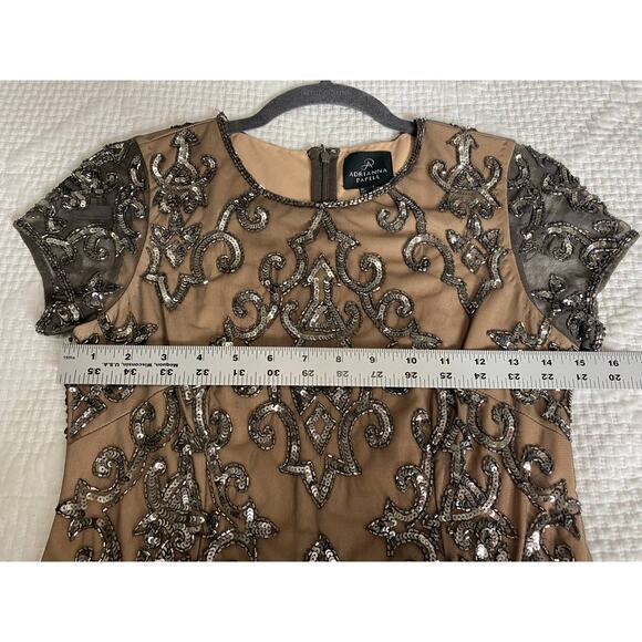 ADRIANNA PAPELL DRESS 2 SEQUIN BEADED MESH SHEER TAN NUDE SILVER MINI COCKTAIL - Picture 12 of 16